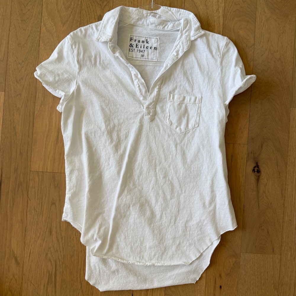 Frank & Eileen Charlotte Perfect Polo Women M White Raw Hem Vintage Jersey